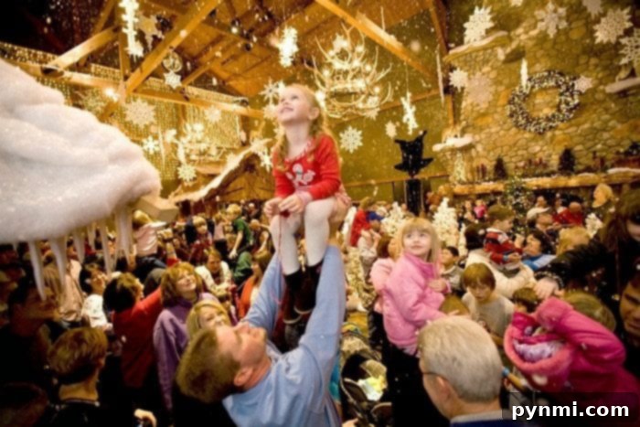 Snowland Lobby: Indoor Snowfall at Great Wolf Lodge Southern California. The grand lobby of Great Wolf Lodge adorned with Christmas decorations and featuring indoor snow showers.