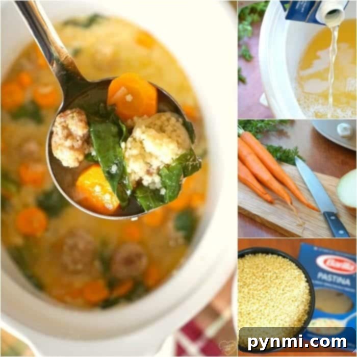 A ladle filled with savory Italian wedding soup, showcasing meatballs, carrots, and fresh greens, served in a rustic bowl.
