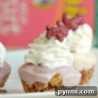 Mini cheesecakes, reminiscent of delightful frozen yogurt cupcakes, are topped with whipped cream and pink bear-shaped cookies on a plate.