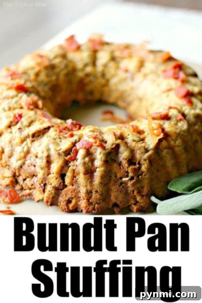 Golden-brown stuffing cooked in a bundt pan, garnished for a festive holiday table.