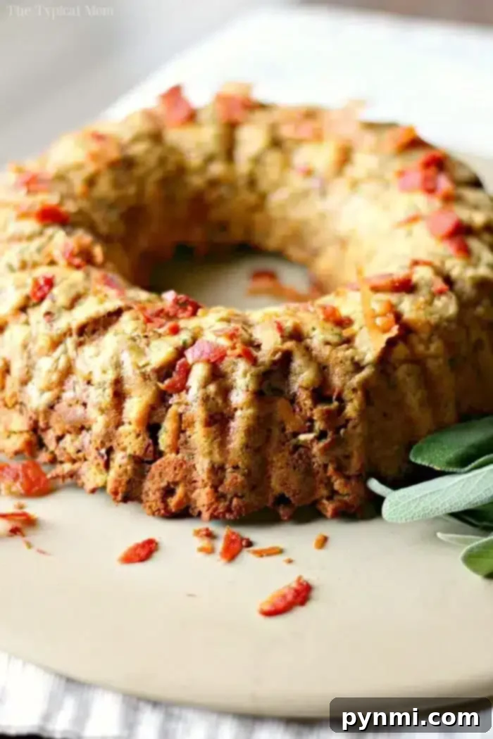 A savory bundt cake, shaped perfectly by the bundt pan, boasts a golden-brown crust and is topped with crispy bacon bits. Fresh sage leaves are artfully placed beside it on a beige surface, enhancing its rustic charm.