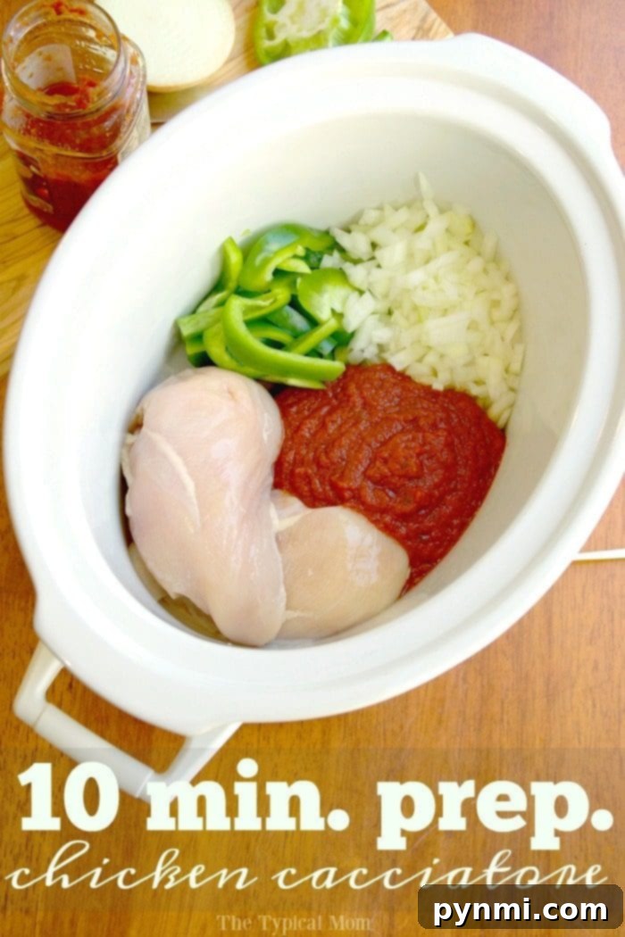 Crockpot chicken cacciatore recipe we love! If you've never made this it literally takes 10 min. to prep and my kids love it too over rice! A really healthy slow cooker dinner we make often because it is cheap and only needs a few ingredients which I love when I'm in a hurry to put a meal together. #crockpotrecipes #chicken #cacciatore #slowcooker #healthy #thetypicalmom #chickencacciatore crockpot chicken cacciatore, a vibrant slow-cooked dish with tender chicken, bell peppers, and rich tomato sauce, served over rice.