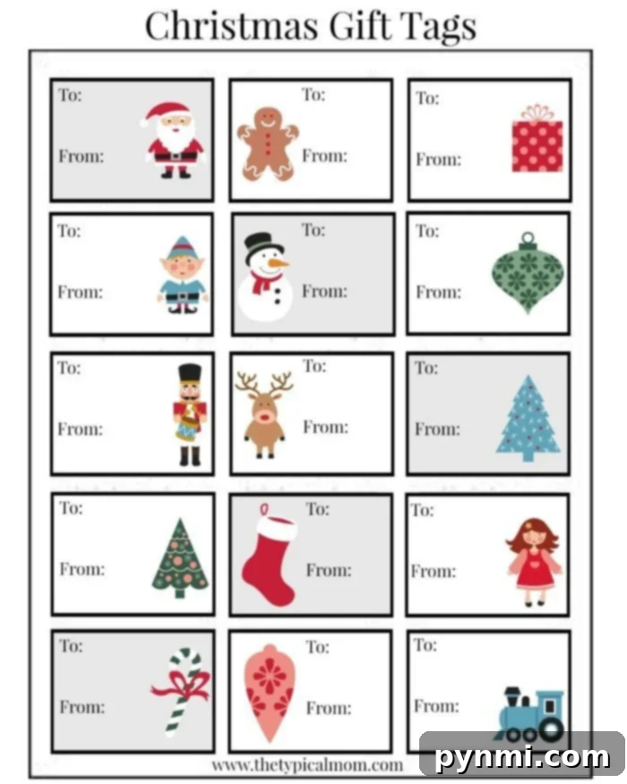 Download Your Free Printable Christmas Labels for Presents Here! A festive array of free printable Christmas labels featuring various cheerful designs and colors, perfect for holiday gift wrapping.