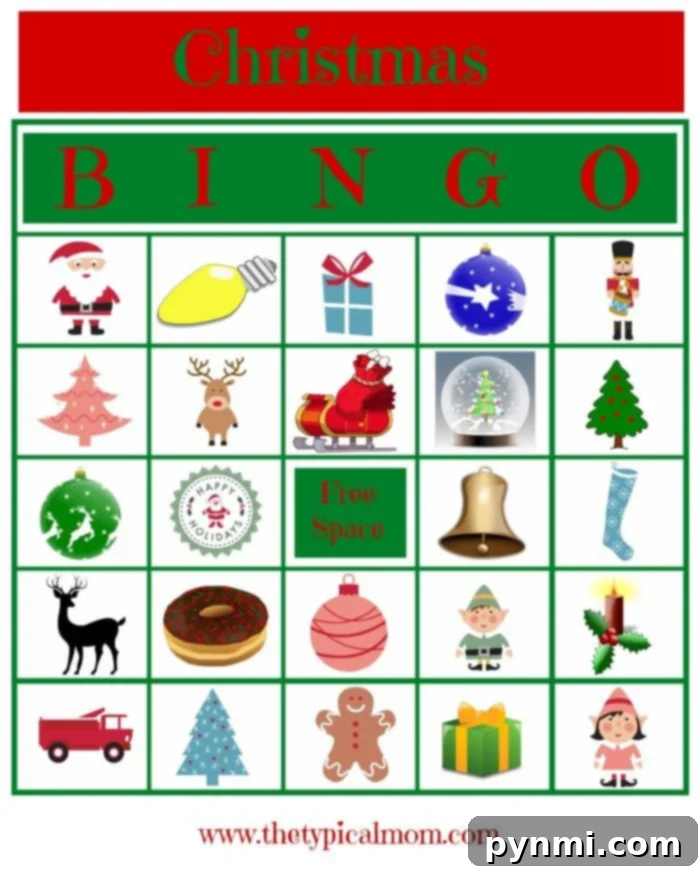 15 Festive Free Printable Christmas Labels 3 A vibrant Christmas Bingo printable card featuring festive holiday illustrations and seasonal words, ideal for family entertainment.