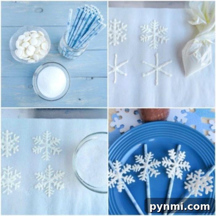Elegant chocolate snowflake stirrers on display, perfect for a winter wonderland or Frozen-inspired birthday party, showcasing intricate designs and shimmering sugar.
