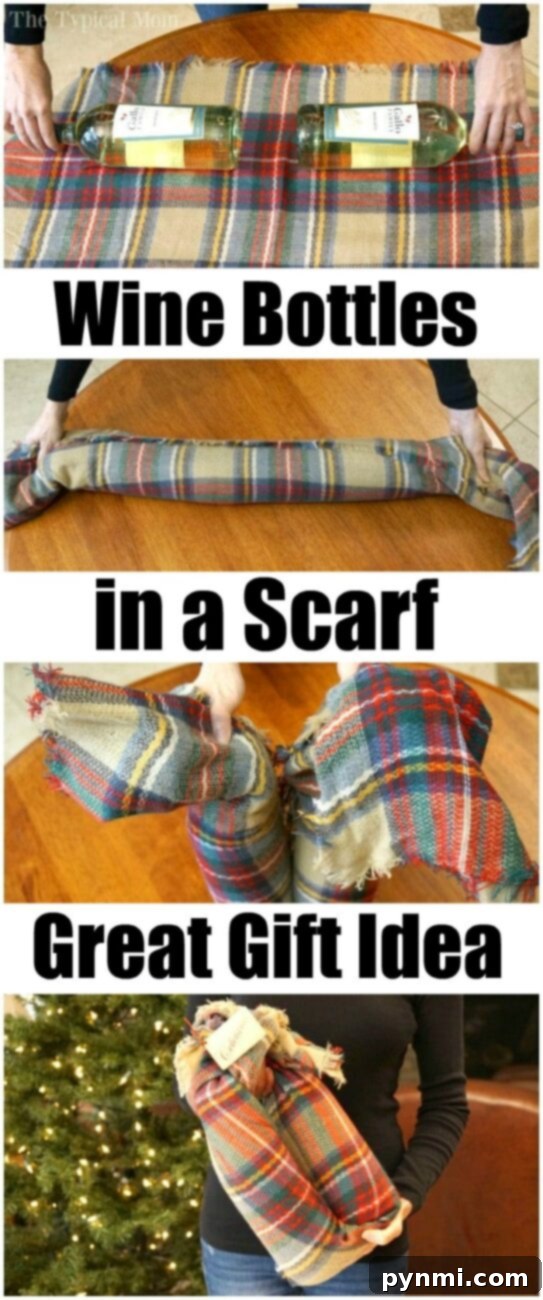 Step-by-step imagery showcasing the unique wine bottle gift wrapping idea with a scarf.