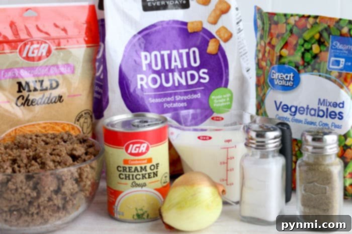 Essential ingredients for a delicious tater tot casserole, including frozen tater tots, ground beef, mixed vegetables, and canned soup.