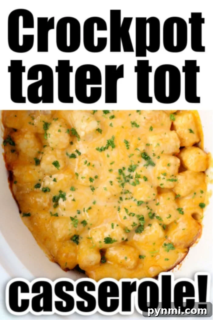 A close-up of a delicious slow cooker tater tot casserole, showing the golden-brown tater tots and melted cheese on top, ready to be served.