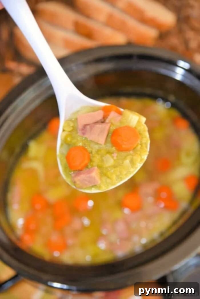 Crockpot split pea soup recipe that is so easy to make and a healthy slow cooker dinner you can make year round! Inexpensive dinner and perfect when it's cold outside. Great using leftover ham too after the holidays. A close-up shot of a ladle scooping creamy slow cooker split pea soup with ham and carrots from a crockpot, ready to be served.