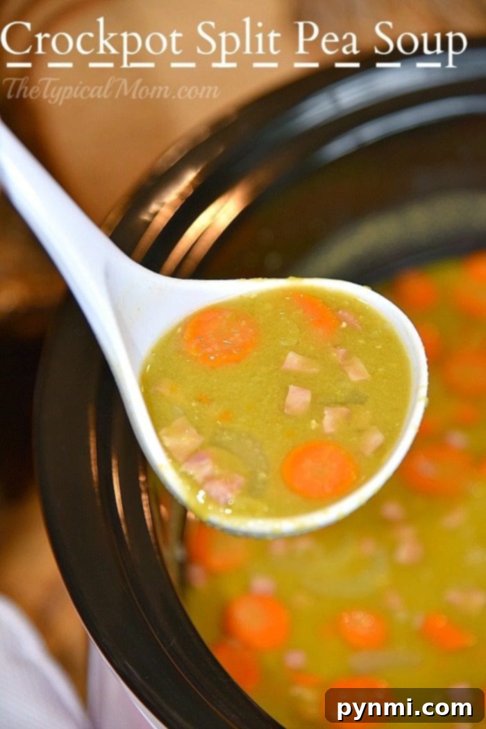 Crockpot split pea soup recipe that is so easy to make and a healthy slow cooker dinner you can make year round! Inexpensive dinner and perfect when it's cold outside. Great using leftover ham too after the holidays. A perfectly portioned bowl of Slow Cooker Split Pea Soup with Ham, garnished with fresh herbs, showcasing its thick and comforting consistency.