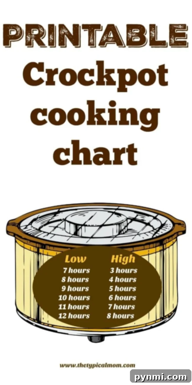 A second visual representation of a slow cooker conversion time chart. This image specifically highlights how to adjust cooking durations when moving between low and high settings on a Crock-Pot, offering practical time adjustments.