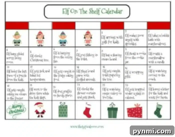 The Elf on the Shelf calendar features a daily activity chart adorned with charming illustrations of elves and Christmas delights. Activities include baking, crafting gifts, playful games, and Santa preparations. Each date, from 1 to 24, unveils a new festive adventure with your elf companion, making holiday planning a breeze for parents.