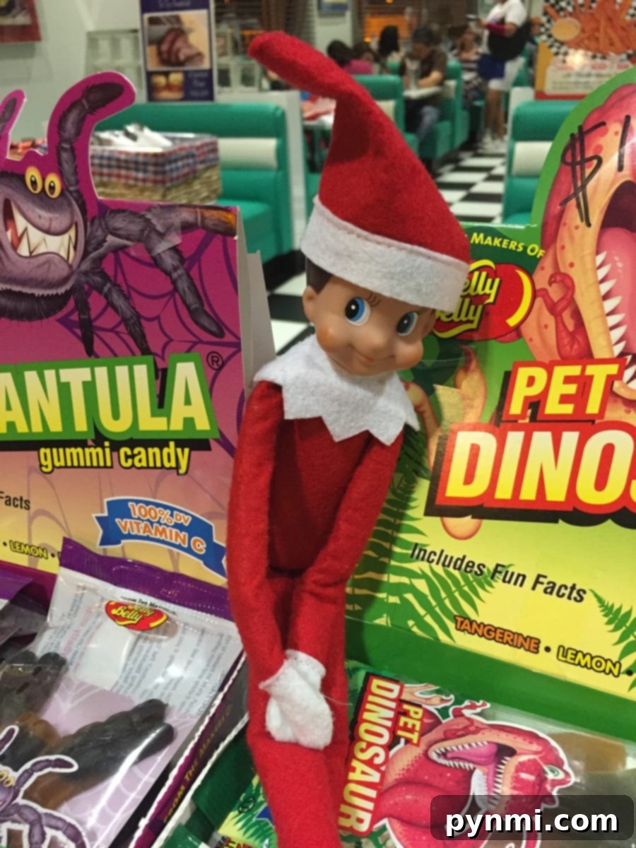 The Elf on the Shelf in a mischievous pose, perhaps setting up a new daily adventure from the calendar, embodying the spirit of holiday fun and family tradition.