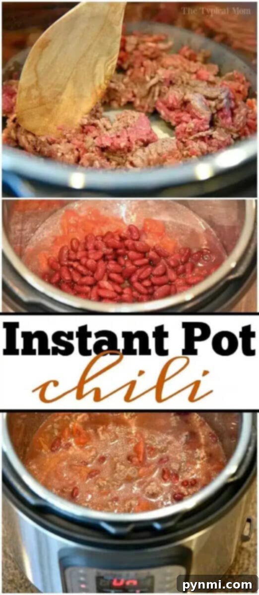 Flavor-Packed Instant Pot Chili 3 Three visual steps showing Instant Pot chili preparation: browning ground beef, stirring in kidney beans and tomatoes, and the final simmered chili in the pot.