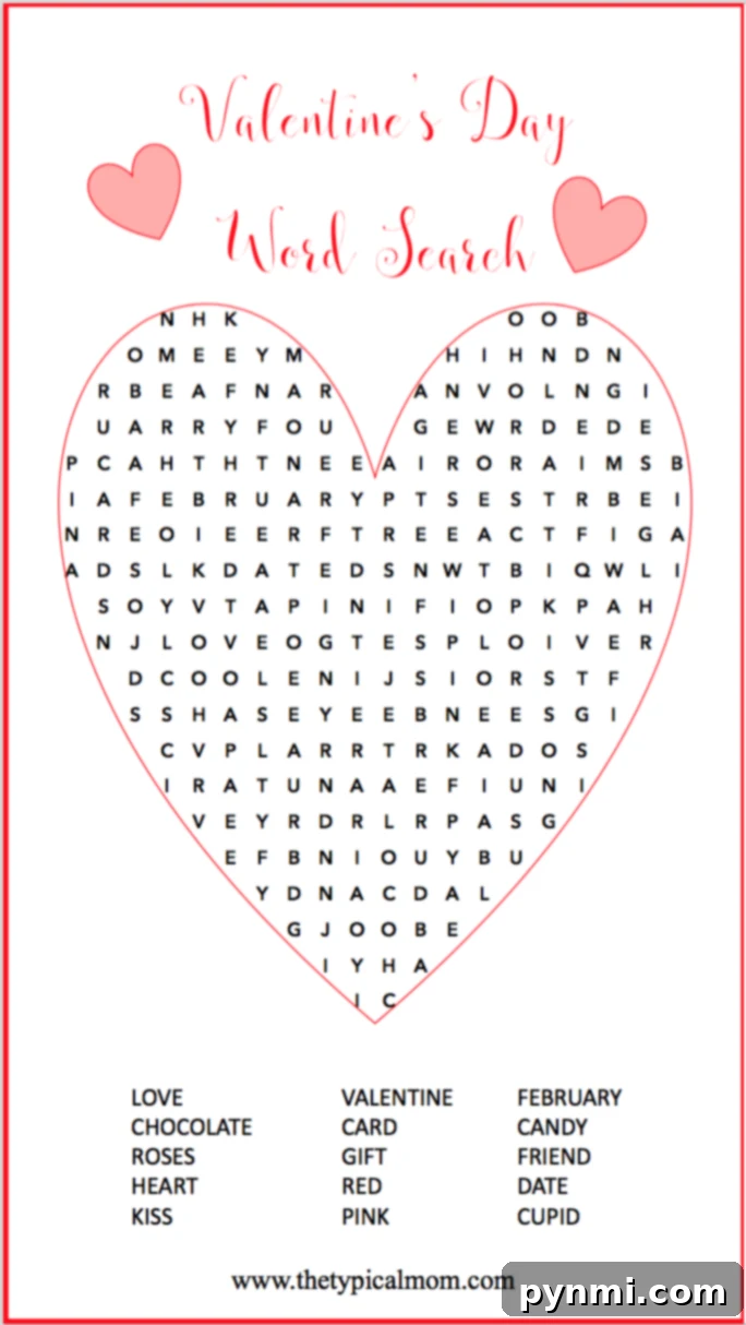 Engage in a delightful Valentine word search with this heart-shaped puzzle. Discover words like love, chocolate, roses, and kiss as you celebrate February's charm with card-finding fun. Perfect for those who adore candy-coated challenges and want to expand their vocabulary!