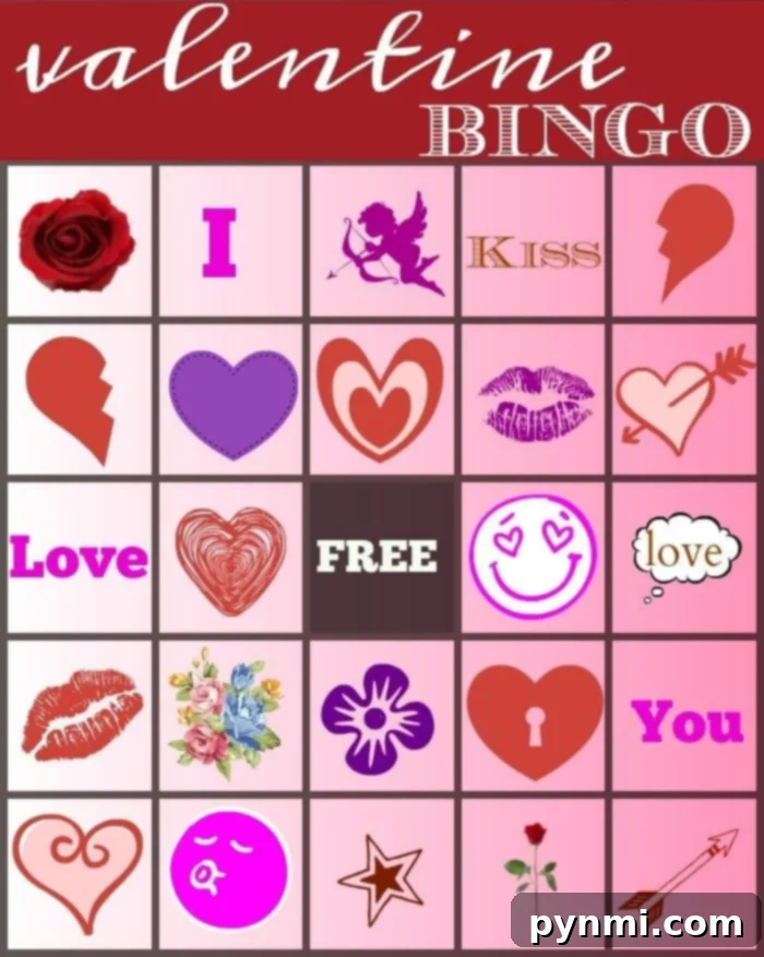 Valentine bingo comes to life with a themed card featuring icons like a rose, cupid, heart shapes, lips, and an arrow. You'll also find flowers and the words Love, Kiss, and You adorning the squares. A FREE space takes center stage for an added twist to this romantic game, perfect for a Valentine's Day party!