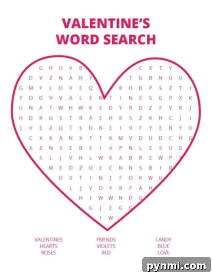 Discover the heart-shaped Valentine Word Search puzzle, titled Valentines Word Search. Find words like Valentines, Hearts, Roses, Friends, Violets, Red, Candy, Blue, and Love. The word bank is conveniently located at the heart's bottom, providing a fun challenge for all ages.