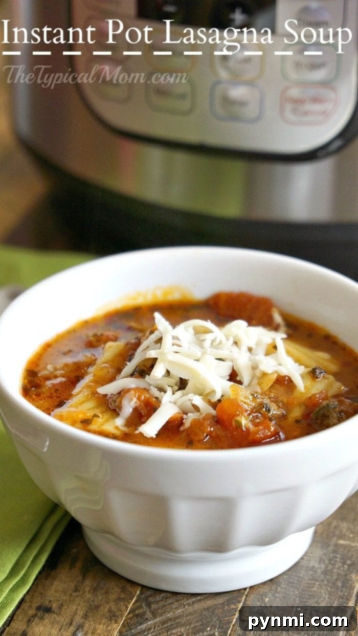 Instant Pot lasagna soup is amazing and healthy!! You can make it in the slow cooker too but in your pressure cooker it's done in just 8 minutes! #lasagnasoup #lasagna #soup #instantpot #pressurecooker #instantpotrecipes #thetypicalmom Instant Pot lasagna soup served in a bowl with a spoon