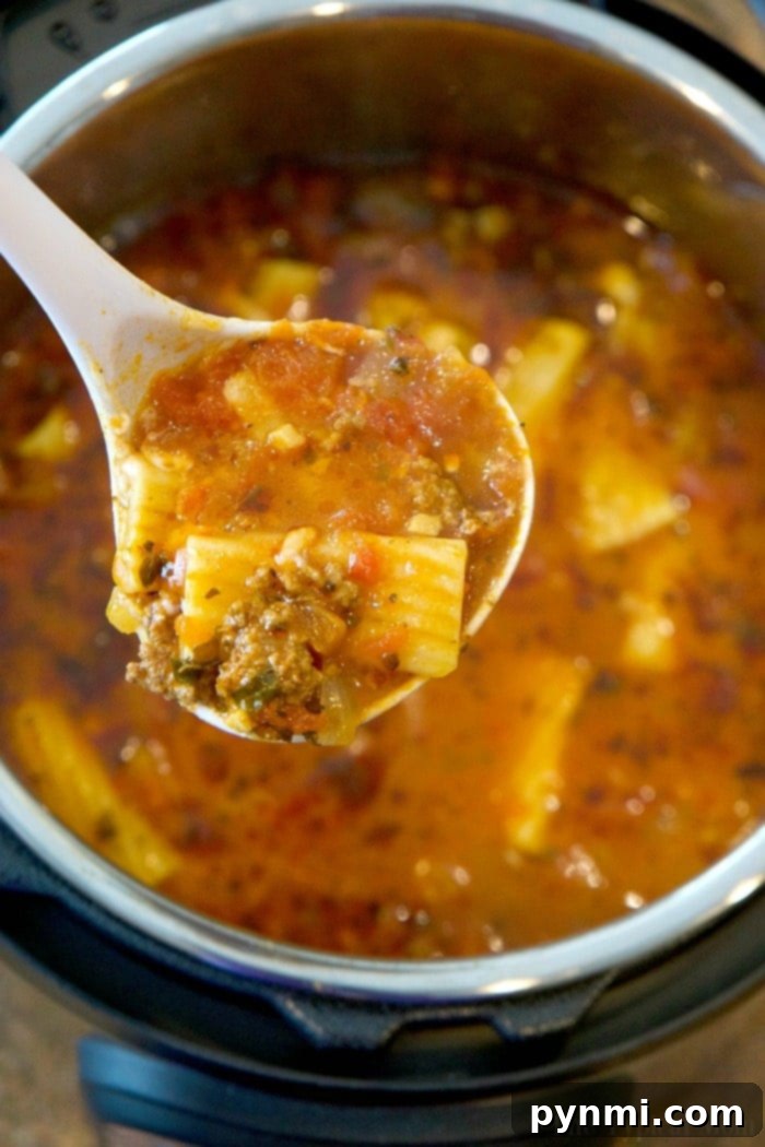 Instant Pot lasagna soup is amazing and healthy!! You can make it in the slow cooker too but in your pressure cooker it's done in just 8 minutes! #lasagnasoup #lasagna #soup #instantpot #pressurecooker #instantpotrecipes #thetypicalmom Instant Pot lasagna soup garnished with fresh basil leaves and a dollop of creamy cheese