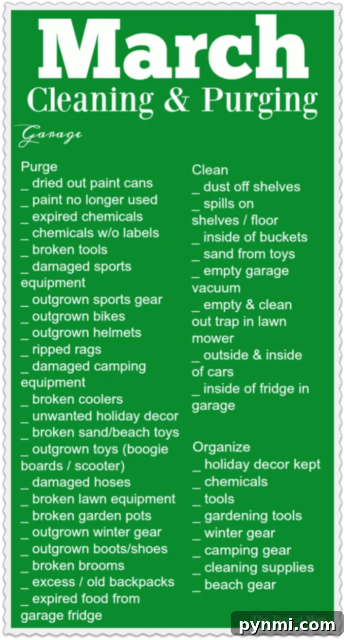 March cleaning checklist to purge and organize your garage this month. Free organization printable to stay on track. March cleaning checklist for garage organization