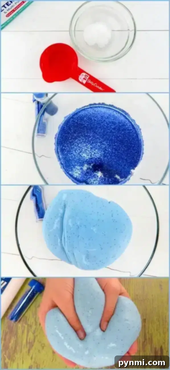 A child's hands stretching homemade glitter slime, demonstrating its flexibility and texture.