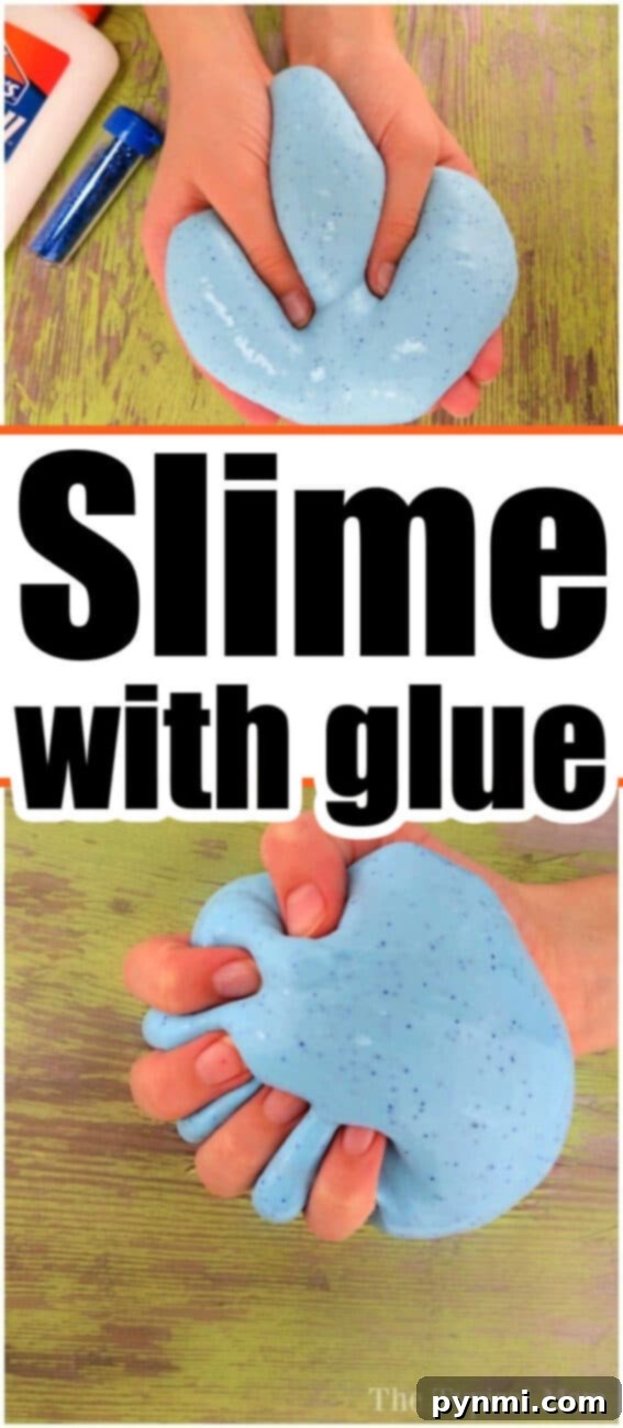 A child's hands playing with vibrant, homemade slime on a wooden surface.