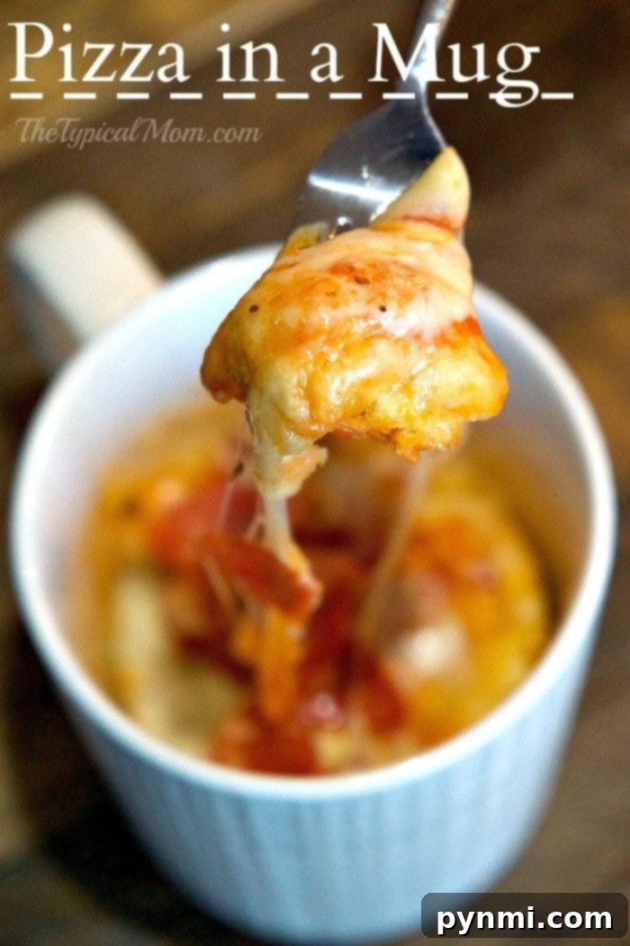 Two mugs filled with delicious, cheesy microwave pizza, ready to eat, emphasizing the ease and convenience of this quick recipe.