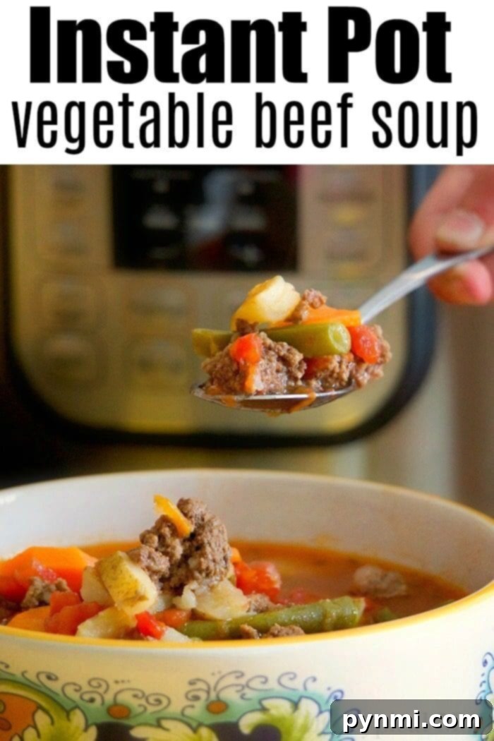 Hearty Instant Pot Beef and Vegetable Stew 4 Instant Pot vegetable beef soup served in a bowl with crusty bread.