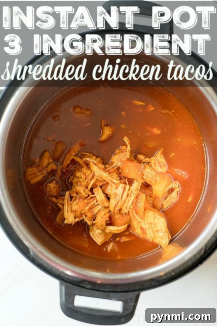 Our 3-ingredient Instant Pot shredded chicken recipe is perfect for tacos, even with frozen chicken. Healthy and feeds 5 for under $10. Instant Pot Shredded Chicken made from frozen breasts