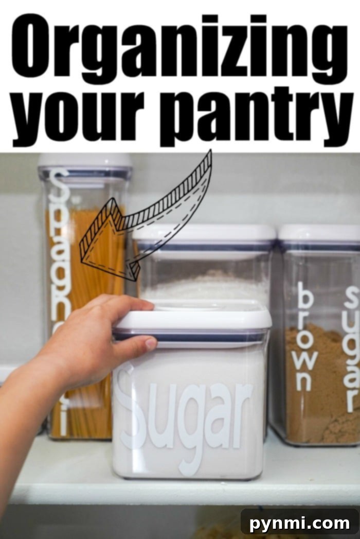 Variety of clear pantry containers neatly filled with dry goods like pasta, rice, and snacks, demonstrating organized food storage.