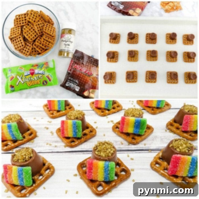 Lucky St. Patrick's Day Bites 3 Close-up of a Leprechaun Pot of Gold treat: a square pretzel topped with a melted Rolo, gold sprinkles, and a rainbow candy arch.