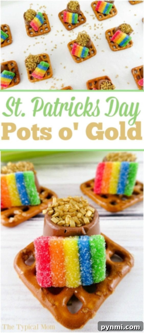 Lucky St. Patrick's Day Bites 4 A tray full of St. Patrick's Day pot of gold pretzel treats, featuring melted Rolo candies, gold sprinkles, and rainbow candy arches.