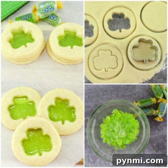 The cutest Shamrock cookies that are easy to make. Great St.Patrick's Day dessert to make with your kids that taste great and look really cute. Step-by-step assembly of shamrock stained glass cookies before baking.