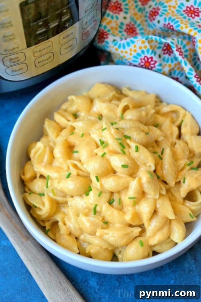 One-Pot Wonder Mac 2 A comforting bowl of creamy Instant Pot macaroni and cheese, garnished with fresh herbs, ready to be served.