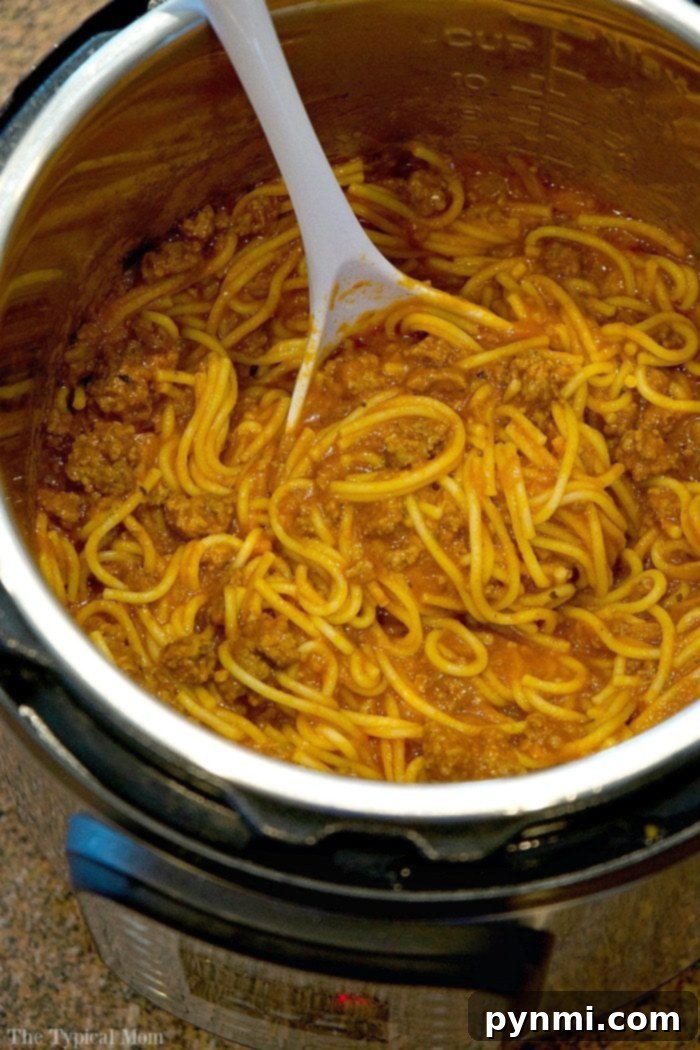 Here's an easy 10 minute Instant Pot spaghetti recipe that's one of our favorite one pot meals ever! A family favorite dinner that you just dump and go and only requires a few ingredients to make. A complete pasta dish that feeds all five of us for under ten dollars, that's a big win in my book! #instantpot #pressurecooker #spaghetti #easy #recipe #pasta #dump #dinner Delicious Instant Pot spaghetti, a true one-pot wonder