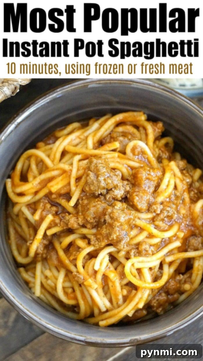 Best Instant Pot spaghetti recipe ever!! Use frozen or fresh ground beef to make. #instantpotspaghetti #instantpot #spaghetti #pasta #easy #recipes #instantpotrecipes #thetypicalmom A bowl of spaghetti with savory meat sauce, aptly named the Most Popular Instant Pot Spaghetti.