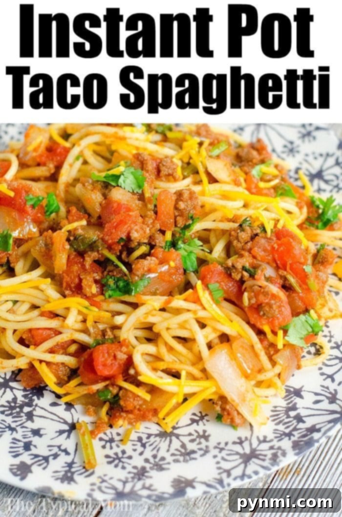 Easy Instant Pot taco spaghetti recipe that's one of our favorite one pot meals ever! A family favorite dinner that you just dump and go and only requires a few ingredients to make. A complete pasta dish that feeds all five of us for under ten dollars, that's a big win in my book! #instantpot #pressurecooker #spaghetti #intantpotrecipes #instantpotspaghetti #pasta #dump #dinner #crockpotexpress easy instant pot taco spaghetti