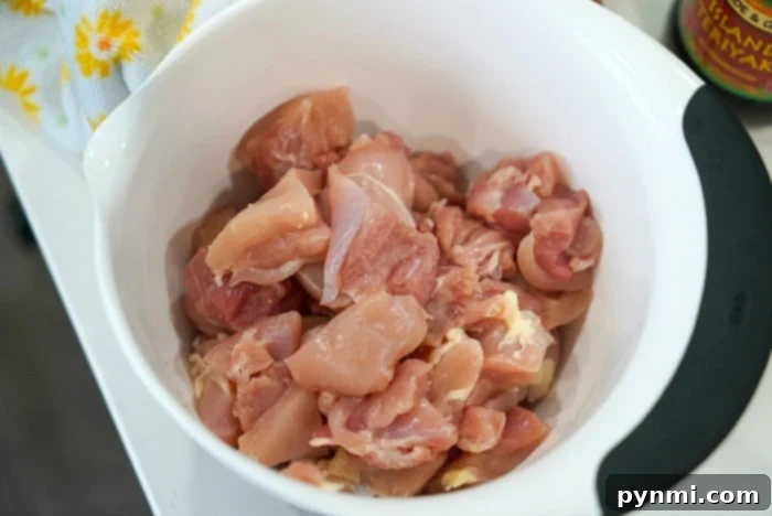 Instant Pot Teriyaki Chicken Made Easy 2 Diced chicken pieces ready for the Instant Pot.