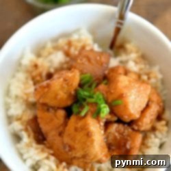 A bowl of rice topped with savory instant pot teriyaki chicken pieces and a sprinkle of chopped green onions.