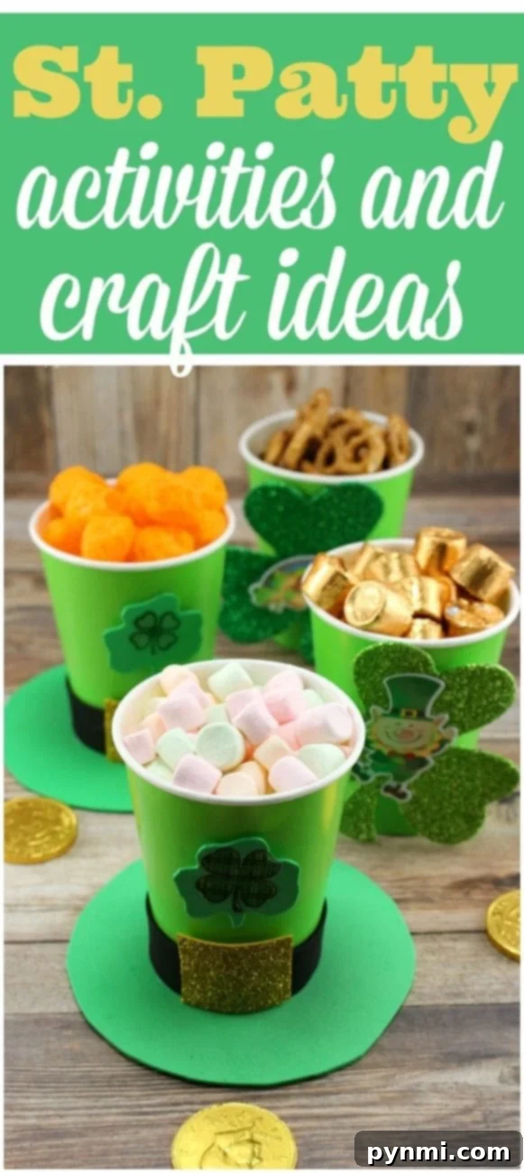 Cute St. Patrick's Day treat cups with leprechaun hats and a rainbow backdrop, perfect for kids' crafts.