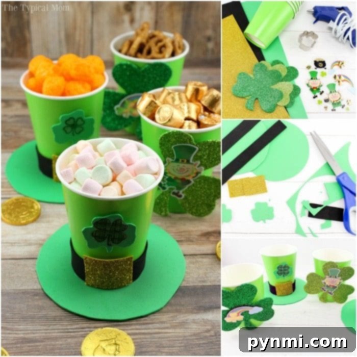 St. Patrick's Day craft supplies laid out on a table, including green cups, foam sheets, glue gun, and shamrock decorations.