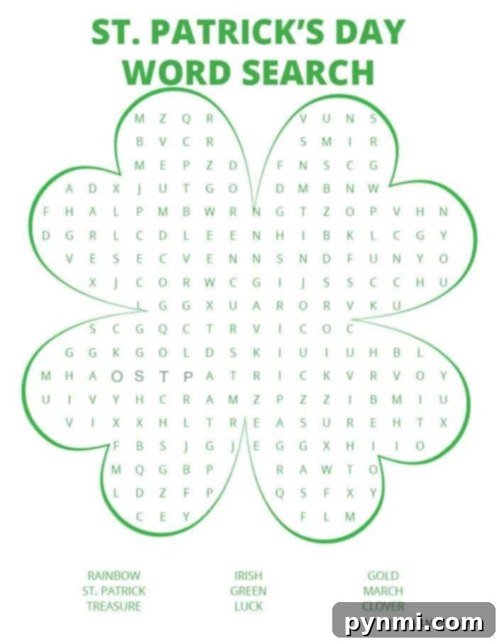 A St. Patrick's Day themed word search with a shamrock design, featuring holiday-related words for kids to find.