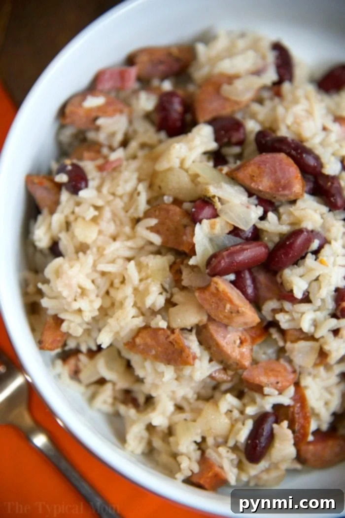 A large serving of Instant Pot red beans and rice, perfectly cooked and ready to be enjoyed.