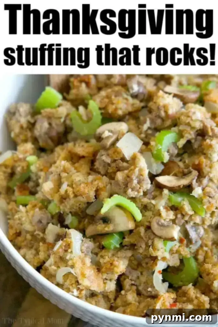 Best Thanksgiving stuffing! #thanksgivingstuffing #beststuffing #stuffing #turkeystuffing A bowl of Thanksgiving stuffing with visible ingredients including mushrooms, celery, and onions. The text above reads, "Pickford stuffing that rocks!