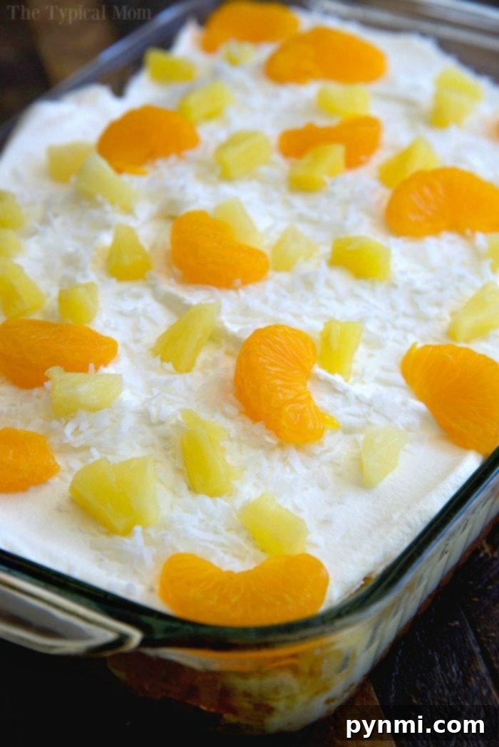 Top-down view of a tropical poke cake recipe, showcasing the moist cake base, fruit toppings, and coconut flakes ready to be served.