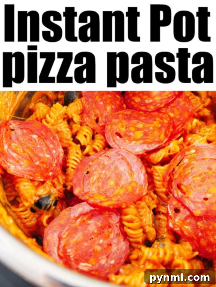 Easy Instant Pot pizza pasta is great! Super easy to dump it all in your pressure cooker and put in all of your favorite pizza toppings. #instantpotpizzapasta #instantpot #pizza #pasta #dinner #instantpotrecipes #thetypicalmom #pizzapasta Instant Pot pizza pasta, a close-up shot showing the cheesy, saucy noodles with pepperoni, highlighting the quick and easy cooking method.