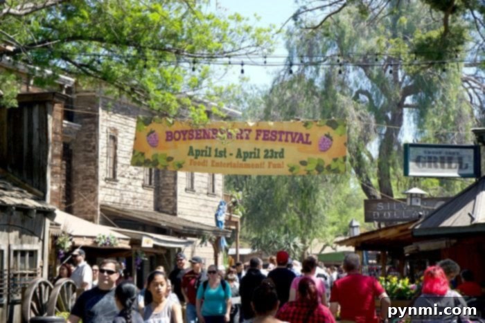 Experience the lively atmosphere of the Knott's Berry Farm Boysenberry Festival, filled with delicious boysenberry treats. Knott's Berry Farm Boysenberry Festival entrance and vibrant atmosphere