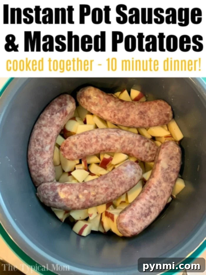 Instant Pot Bangers and Mash - One-Pot Meal A rustic bowl filled with hearty Instant Pot sausage and creamy mashed potatoes, forming a complete and comforting one-pot meal, garnished with fresh herbs.