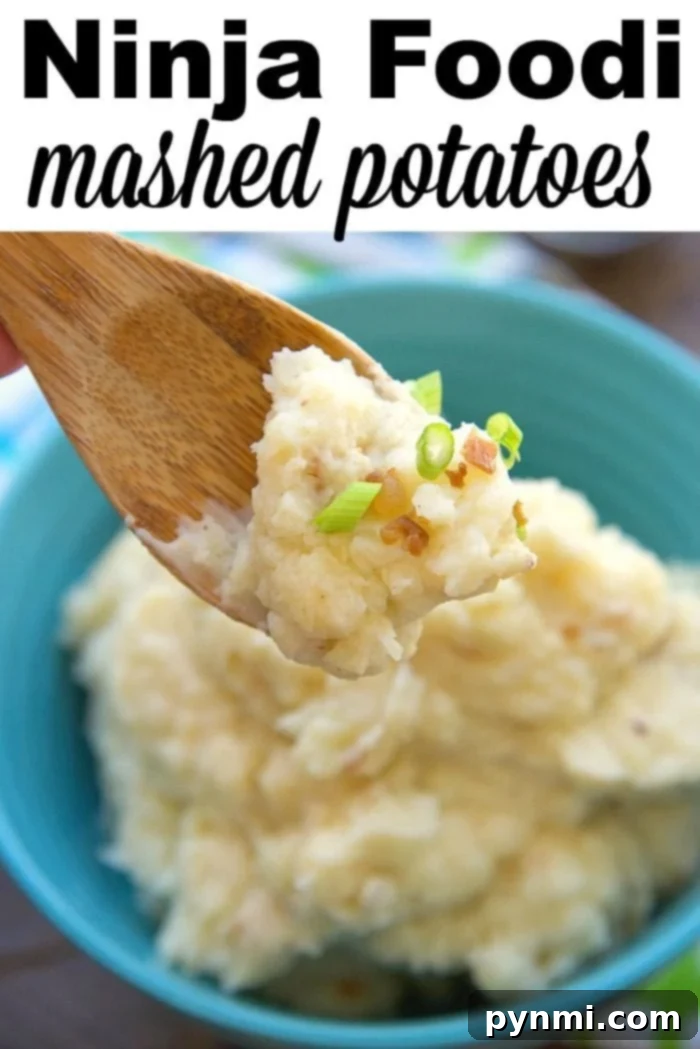 Ninja Foodi Mashed Potatoes - The Ultimate Comfort Food A vibrant bowl of creamy Ninja Foodi mashed potatoes, glistening with melted butter and garnished with fresh green herbs, showcasing the perfect texture and inviting appeal achievable with pressure cooking.