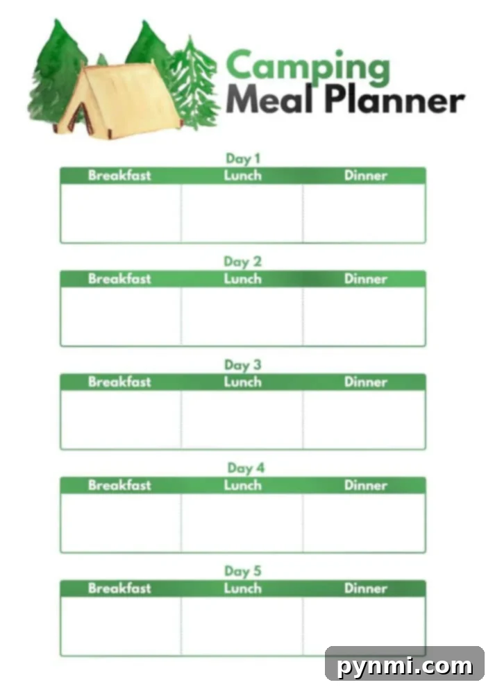 camping meal planning printable for 7 days